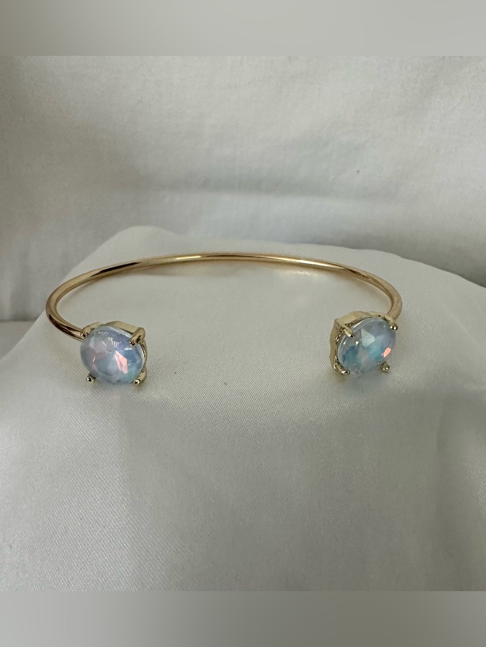 Gold Open Cuff Bracelet with Opalescent White Gemstones